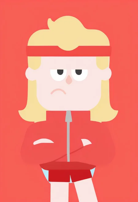 Eddy, EddyDuolingo, man, red shorts, red jacket, ZIPPER, blonde hair, athlete, sports red headband, FLAT COLOR,
SIMPLE BACKGROUND, 
MINIMALISTIC,
VECTOR ART,
CLEAN LINES,
ILLUSTRATION,
GRAPHIC DESIGN,
VECTOR GRAPHICS