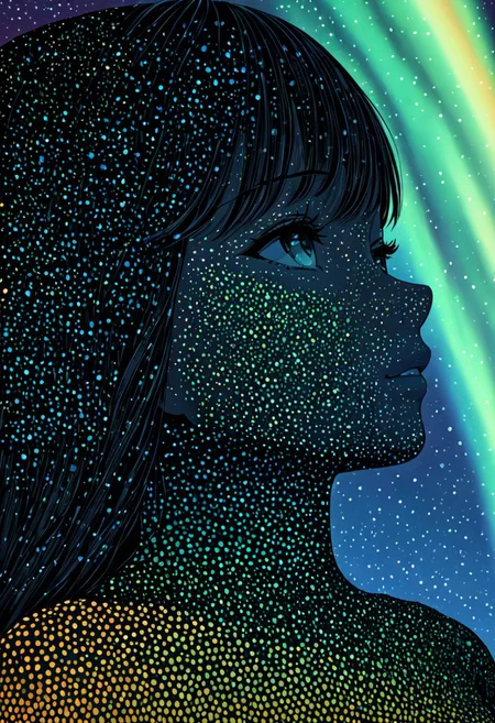 Pointillism style, (((masterpiece))),(best quality),4K masterpiece,((ultra-detailed)),highly detailed,detailed shadow,
gold northern lights,closeup of sky, vibrant, highly detailed,1 girl, close up, face,full body,sense of wonder