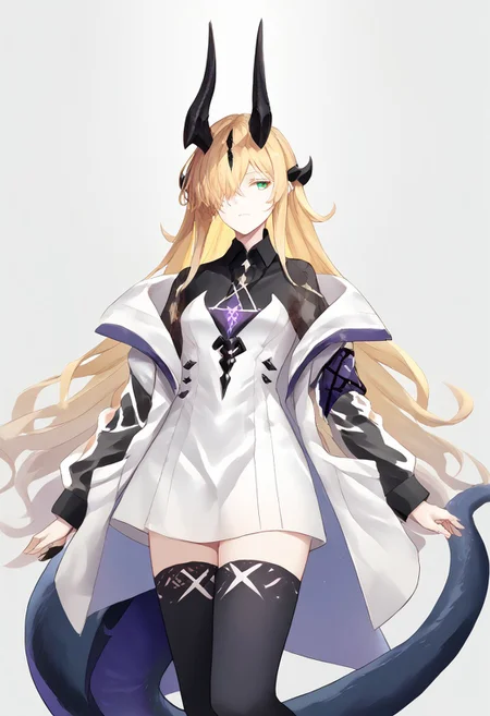 score_9, score_8_up, score_7_up, score_6_up, score_5_up, score_4_up, source_anime, 1girl, solo, 
Eblana, blonde hair, long haior, hair over one eye, hair ornament, dragon tail, dragon horns, strapless dress, white dress, black shirt, long sleeves, see-through sleeves, off-shoulder jacket, white jacket, open jacket, collared shirt, short dress, black sleeves, see-through, black thighhighs, 
masterpiece, best quality, very aesthetic, absurdres,