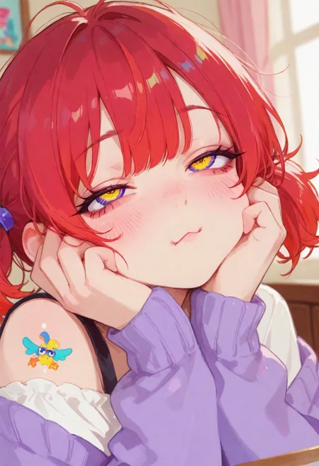 Flat colors, high detailed, high quality, masterpiece, best quality, very awa, absurdres, detailed eyes, detailed face, detailed skin, simple background, BREAK
(colourful:1.3), (cute character:1.5), (detailed face:1.4), (pinched expression:1.4), (blush:1.3), (red hair:1.5), messy hair, twin tails, (sharp eyes:1. 3), pout, 1girl, 25 years old, adult, portrait, close-up, face focus, depth of field, look at viewer, white shirt, purple cardigan, squinted eyes, off-shoulder, standing, hands on cheeks, warm and sunny atmosphere, soft pastel colours, cosy bedroom, detailed background,
748cmstyle, artist:moriimee