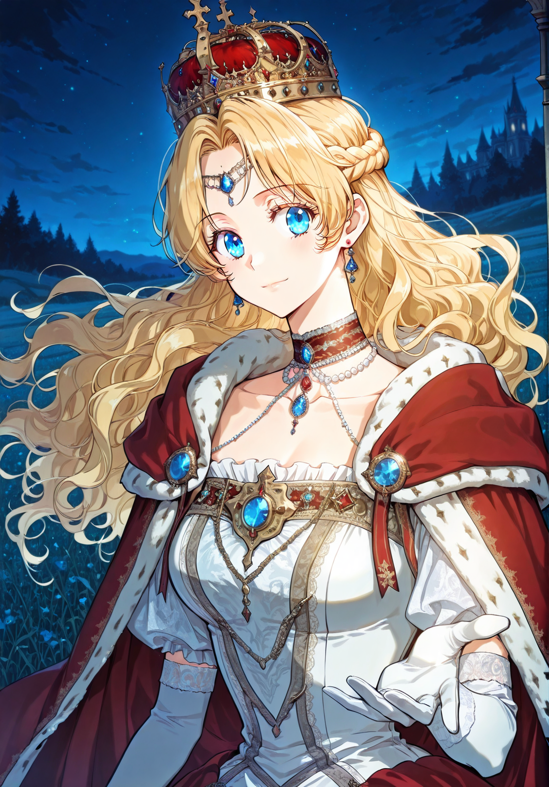 <lora:Athanasia_r1:1>
1 girl, solo, princess, blue eyes, blonde hair, long hair, wavy hair, french braid, bangs, parted bangs
white dress, necklace, collarbone, earrings, choker, gem, jewelry, red cape, crown, bracelete, pearl necklace, white gloves, elbow gloves,
score_9, score_8_up, score_7_up, very aesthetic, source_anime, detailed, high quality, beautiful, masterpiece, detailed eyes, field, blurry background, pose dynamic angle, upper body, cowboy shot, light smile, looking back, reaching out, floating hair, night , <lora:iLLMythG0thicL1nes:1>
