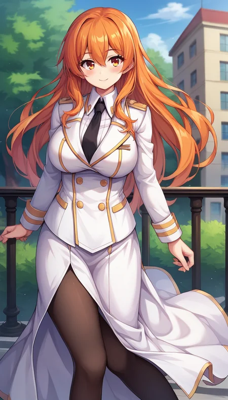 score_9,score_8_up,masterpiece,best quality,correct anatomy,anime_source,1girl,solo,perfect eyes,perfect arms,perfect legs,perfect face,outdoors,upper body,(portrait:1.5),looking at viewer,facing viewer,smile,blush,Mariel Esthereed,long hair,orange hair,sidelocks,hair between eyes,bangs,orange eyes,uniform,black necktie,white jacket,white shirt,long sleeves,large breasts,long skirt,white skirt,side slit,black pantyhose,high heels,white footwear,<lora:Milfina Sol Eleanord(uq)-Pony:1.2>,