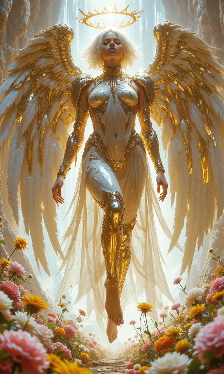 Surreal surrealism, full body, low angle shot of the feet of a cyberpunk Scandinavian girl, cyberpunk hairstyle, white/gold angel wings costume, bare feet, radiant face and crown-like halo floating above his head. Dynamic landing pose, luxurious angel scene with floral ground, fascinating light and shadow blending<lora:flux1-D\flux.1_lora_flyway_Epic-Characters_v1.safetensors:0.6:1.0> <lora:flux1-D\flux.1_lora_flyway_ink-dynamic.safetensors:0.45:1.0> <lora:flux1-D\flux_realism_lora.safetensors:0.4:1.0> <lora:flux1-D\dvr-transformers-flux.safetensors:0.5:1.0>