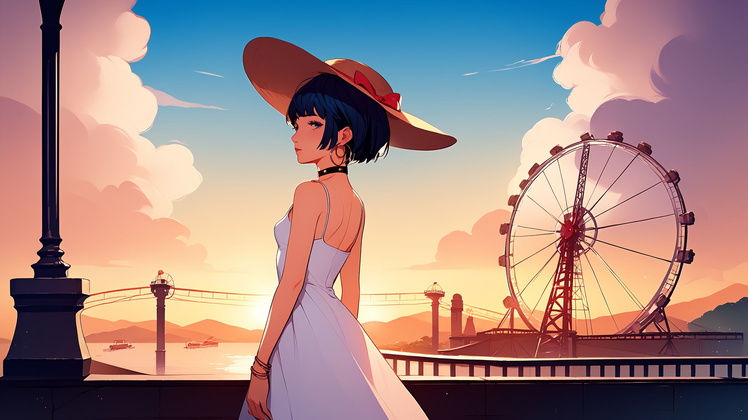((masterpiece)), (top quality), (best quality), (official art, beautiful and aesthetic:1.2),
score_9, score_8_up, score_7_up,
source_animate,
zPDXL, zPDXLxxx,
((solo)), (((1girl))),
<lora:zs_TakemiXL:0.9>, takemicasualp5, short hair, bob cut, black hair, blue hair, choker, necklace,
(small breast),smokey eyes,
sun hat, sundress, dress, sandals, jewelry, earrings, ((hoop earrings)),
looking back,
<lora:amusement_park:0.3>,
outdoors, amusement park,
dusk, sky, scenery, silhouette,
ferris wheel,
upper body, ((cowboy shot)),