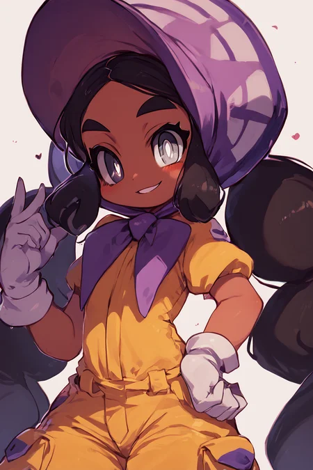 score_9, score_8_up, score_8, medium breasts, (curvy), cute, eyelashes, ,,, , ,,, zzHapu, grey eyes, black hair, long hair, twintails, very long hair, dark skin, bright pupils, white pupils, gloves, purple bonnet, short sleeves, jumpsuit, <lora:Hapu_Pokemon_PDXL:1.0>, ,,,, BREAK, smile, looking at viewer, cowboy shot, ,,, embedding:zPDXL, Expressiveh, ,,, <lora:Zankuro_Style_PDXL:0.8> <lora:SDXLFaeTastic2400:0.5>, <lora:Expressive_H-000001:0.4>,
