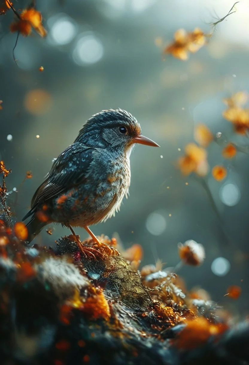 A mesmerizing close-up portrait of a gorgeous little bird illuminated by the soft, golden light of a tranquil morning, with vibrant bokeh balls gently framing its delicate form. The image is rendered in sharp detail, capturing every feather and intricate feature of the bird with stunning clarity. Soft, diffused lighting enhances the warmth and radiance of its plumage, while the high-quality bokeh adds a touch of magic to the scene. Multiple image exposures are expertly combined to emphasize the bird's vibrant colors and captivating gaze. This stunning image is rendered in insanely high resolution, realistic, 8k, HD, HDR, XDR, focus + sharpen + wide-angle 8K resolution + HDR10 Ken Burns effect + Adobe Lightroom + rule-of-thirds + high-detailed bark. Canon EOS 5D Mark III, 1/160s, f/8, ISO 100. The resulting image is a masterpiece of nature photography, with lifelike colors and exquisite details that evoke a sense of tranquil beauty. (tranquil yet evocative:1.2) 
shimmering digital colors, mixed media, textured paper, overlapping, asymmetrical, abstract, vibrant
many details, extreme detailed, full of details,
Wide range of colors.
Many details everywhere. soft shadows. Low saturation colors. Insane quality. Insane resolution. Insane details. Masterpiece. 32k resolution.
Dramatic,Dynamic,Cinematic,Sharp details
 <lora:add-detail-xl:1> <lora:MJ52:1> <lora:ral-apoctvisn-sdxl:1> <lora:zavy-cntrst-sdxl:1>