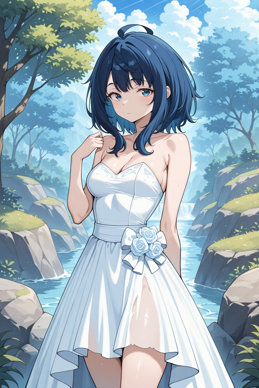 1girl,(solo),anime,masterpiece, best quality, amazing quality, very aesthetic, absurdres, newest, scenery, <lora:Diana_epoch_2:1>, blue hair, medium hair, ahoge, blue eyes, skinny,wedding dress,