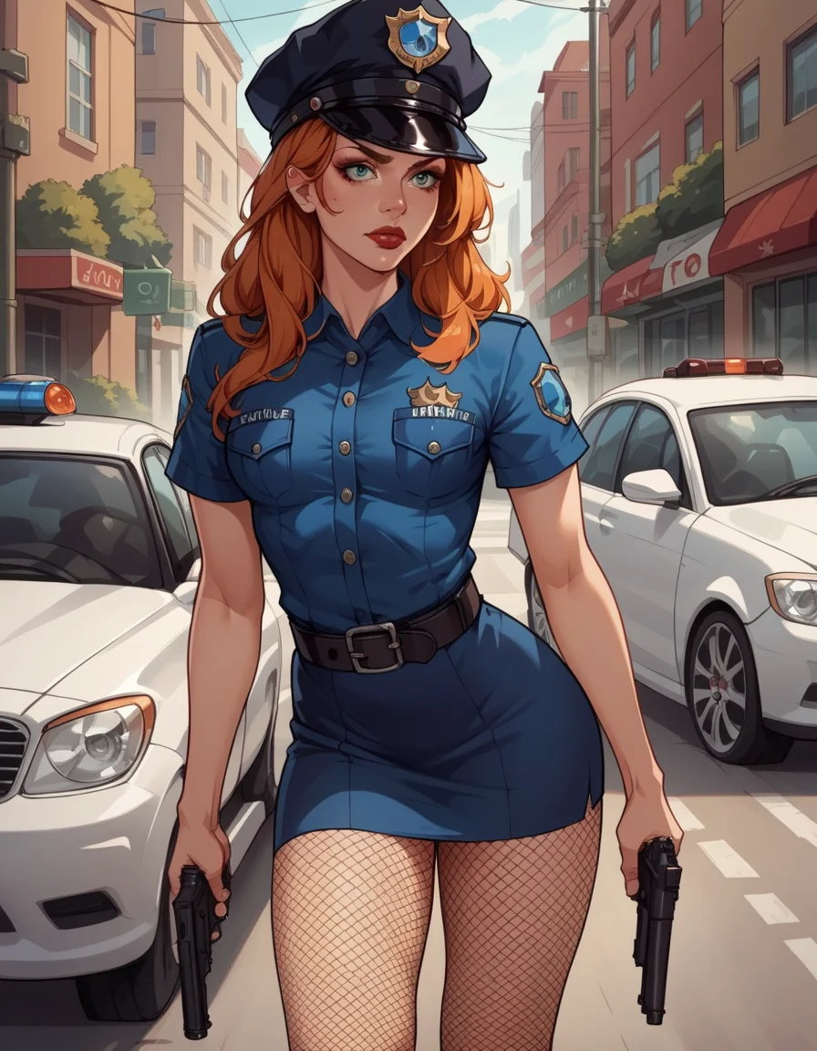 score_9, score_8_up, score_7_up, score_6_up, score_5_up, score_4_up, source_anime, best quality, solo, 1girl, makeup, lipstick, ginger hair,  hud_plce_wmn, short blue dress, short sleeves, belt, police hat, fishnets, badge, buttons, gun, <lora:policewoman-000007:0.6>, street, car, outdoors