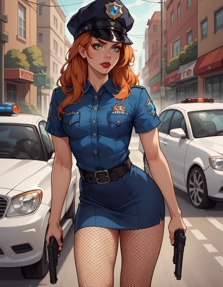 score_9, score_8_up, score_7_up, score_6_up, score_5_up, score_4_up, source_anime, best quality, solo, 1girl, makeup, lipstick, ginger hair, hud_plce_wmn, short blue dress, short sleeves, belt, police hat, fishnets, badge, buttons, gun, <lora:policewoman-000007:0.6>, street, car, outdoors