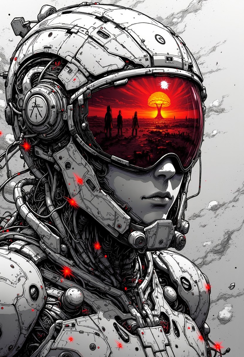nistyle, Close-up of a futuristic cyber warrior with intense, dramatic motion lines, drawn with fast, expressive strokes. His sleek helmet features a reflective visor capturing the fiery glow of a nuclear explosion in the distance. The warrior’s expression is fierce and determined, adding tension to the scene. The image is primarily in black and white, with high-contrast details and intricate textures of metal and circuitry, but subtle red-tinted accents stand out, adding depth and intensity to the composition.