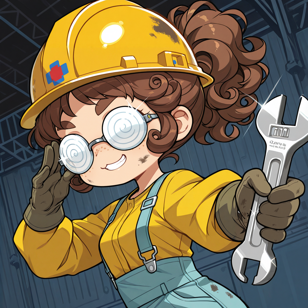 dutch angle, 1girl, from side, upper body, solo, chibi,
brown hair, curly hair, short hair, ponytail, thick eyebrows, lower lip only,
yellow hard hat, yellow shirt, blue suspenders, coke-bottle glasses, long sleeves, lined shirt, beige skin, work gloves,
freckles,
adjusting eyewear, eureka, glint, holding wrench, arm up, outstretched arm,
:3, grin,
simple background, hangar background, dirty face, dirty clothes,
masterpiece,best quality,amazing quality <lora:MapleStory_Style_-_Illustrious_LoRA:1>