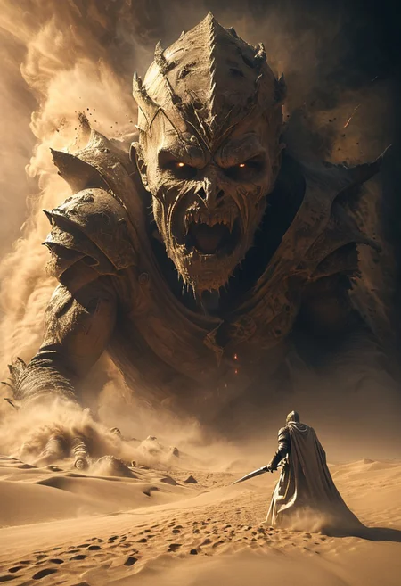 very dark focused flash photo, amazing quality, masterpiece, best quality, hyper detailed, ultra detailed, UHD, perfect anatomy, portrait, dof, hyper-realism, majestic, awesome, inspiring,Capture the thrilling showdown between the ancient mummy and the colossal sand boss in an epic battle amidst swirling dust and desert sands. Embrace the action and chaos as these formidable forces clash in the heart of the dunes. cinematic composition, soft shadows, national geographic style