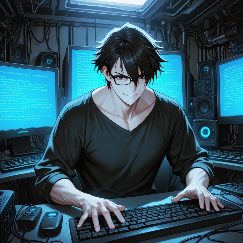 masterpiece, best quality, amazing quality, absurdres, newest, detailed background, definition so sharp, Ultra-HD, 8K cinematic, very awa, impressionate, amazing quality, highres, 
solo, male focus, manly, 
saruhikofushimi, saruhiko_black hair, saruhiko_black eyes, 1boy, short hair, glasses, typing, keyboard, multiple monitors, code, glowing screen, confident smirk, cool colors, cybernetic, skilled, powerful, charming, slightly sexy