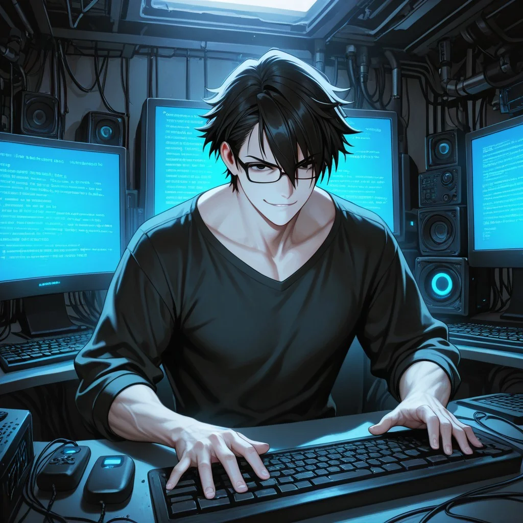 masterpiece, best quality, amazing quality, absurdres, newest, detailed background, definition so sharp, Ultra-HD, 8K cinematic, very awa, impressionate, amazing quality, highres,
solo, male focus, manly,
saruhikofushimi, saruhiko_black hair, saruhiko_black eyes, 1boy, short hair, glasses, typing, keyboard, multiple monitors, code, glowing screen, confident smirk, cool colors, cybernetic, skilled, powerful, charming, slightly sexy