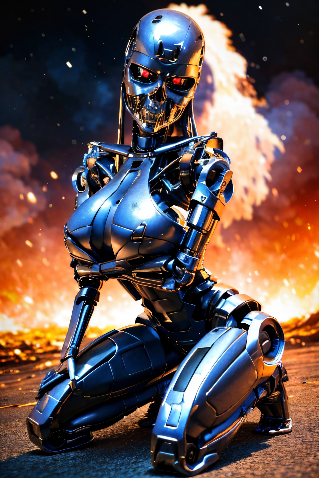 Lying on one side with legs extended out explosions in the background, night sky, Kneeling on both knees with arms extended forward (Realisitc:1.5) woman terminator, gigantic breasts, big ass, <lora:EdobTerminatorFemale_v1.0:0.8>