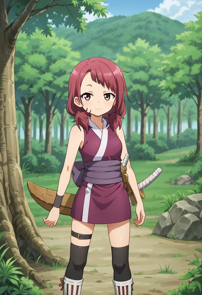 <lora:shakuyako:0.7> shakuyako, smile, looking at viewer, outdoors, japanese clothes, sleeveless, kneehighs, weapon,