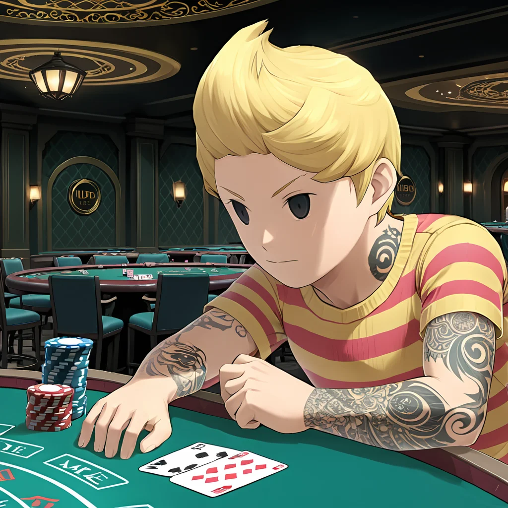 LucasM3XL, man playing poker, black eyes , blonde hair, <lora:LucasM3XL:.8> , striped shirt, forearm tattoos, (anime, masterpiece, intricate:1.3), (best quality, hires textures, high detail:1.2), (4k),(incredibly detailed:1.4),UHD, 8K, ultra detailed