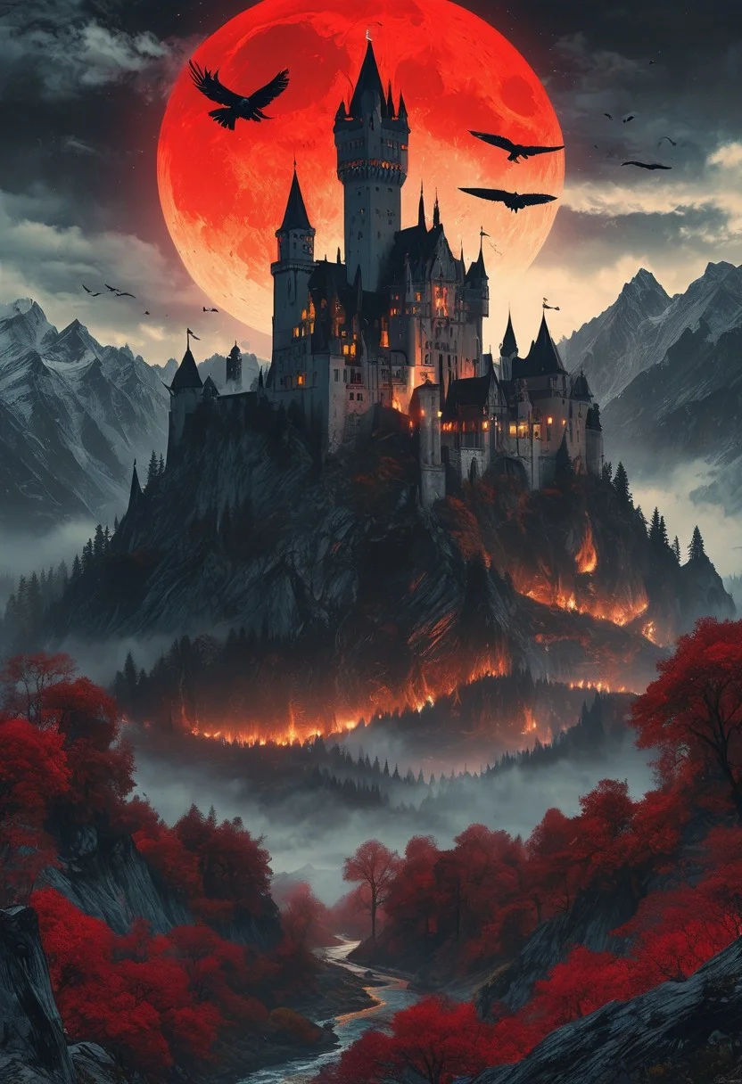 A captivating night scene illustration featuring a forboding and haunted castle on a great great mountain. The castle and mountain are much like Neuschwanstein Castle in Bavaria. This enchanting artwork captures a dark and ominous night, where an ominous red bloodmoon hangs above over the tree covered mountain range and castle which stands resolute amidst the great mountains, winged flying creatures flying around, creating a cinematic experience., illustration, cinematic
<lora:DonM3t3rn1tyXL-v1.1:0.7>, DonM3t3rn1tyXL,
OverallDetailXL <lora:MJ52:0.3> <lora:SDXLFaeTastic2400:0.4> <lora:EpicF4nta5yXL:0.7>