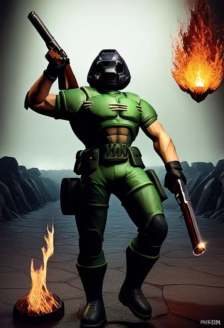 score_9, score_8_up, source_anime, 1boy, solo, doomguy, 1boy, armor, helmet, green pants, gloves, 3d, hell background, fire background, holding shotgun, shotgun, full body,