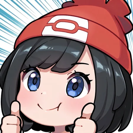 masterpiece, best quality, highres, 1girl, solo,, emote, chibi, face focus,, Selene_(Pokemon), beanie, blue eyes, black hair, happy, thumbs_up, speed lines, zoom