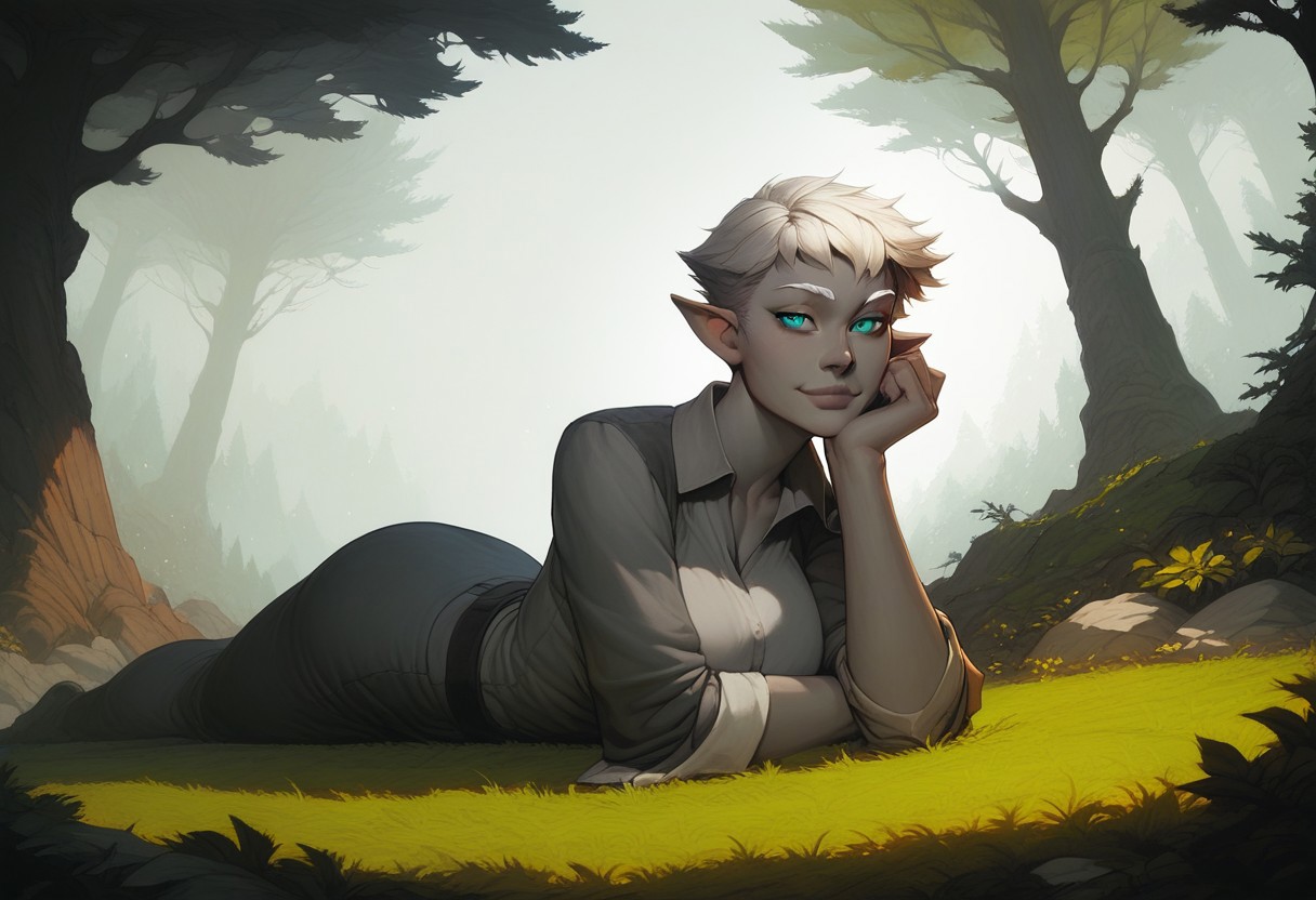 (score_9, score_8_up:1.1), score_7_up, score_9, score_8_up, score_8, score_7_up, dynamic angle, ((full body)), relaxing, leaning on riverbank, 1girl, solo, sexy, athletic, vox machina style, solo, warlock, fantasy, forest background, (dynamic lighting:1.1) ((masterpiece)), detailed eyes, (((detailed iris))), pupils, perfecteyes, perfect eyes, best quality, ((masterpiece)), sharp cheekbones, gaunt face, defined cheekbones, 28 years old, (adult, mature), hard face, slight smile, ((thin lips)), (half_elf:0.5), dark elf, (((grey skin))), white hair, (((short hair))), professional, (legion haircut), (short cut sides), (short bangs), (((white eyebrows))), light eyebrows, ((((pale grey ((((short)))) tipped ears)))), pointed_ears:0.5, ((short pointed ears)), eyebrow scar on left side of face, cheek scar, ((detailed turquoise eyes))