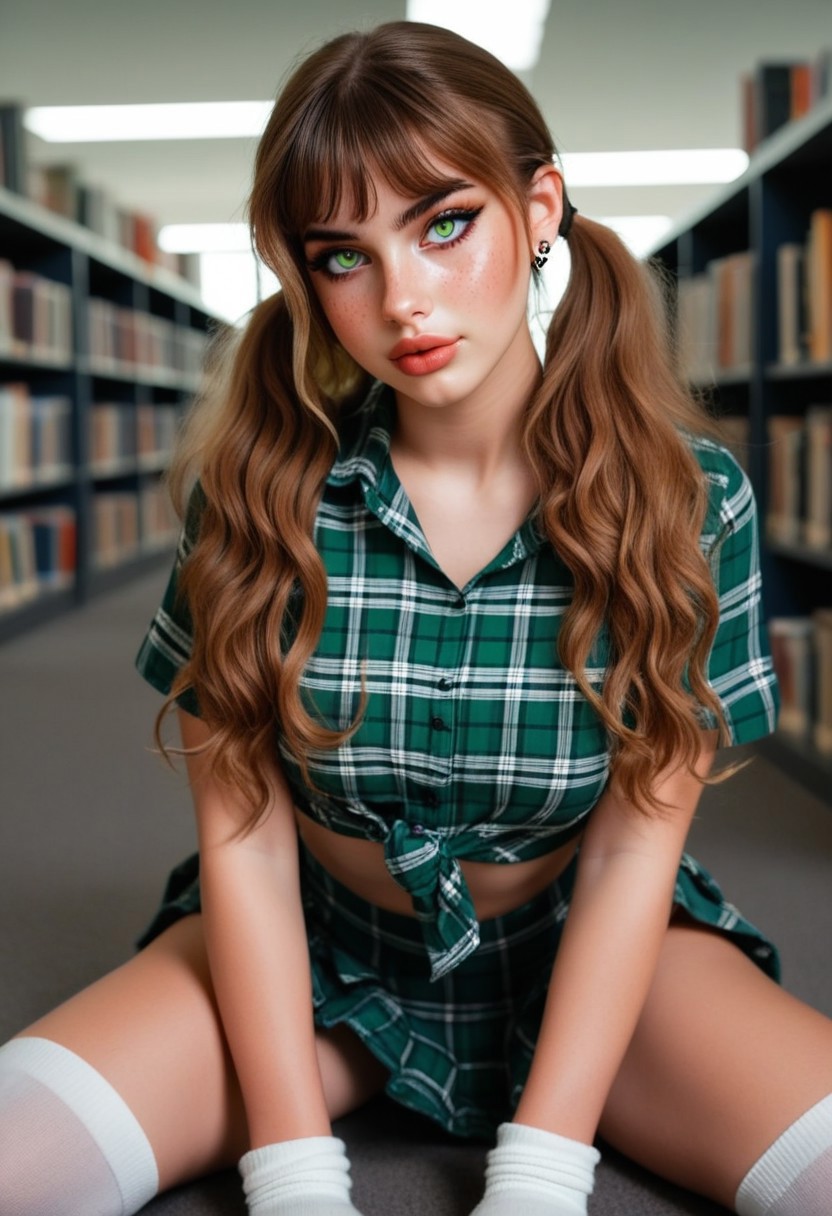 24yo busty R4N1A in library, green eyes, long hair with ponytail, wearing skirt, shirt