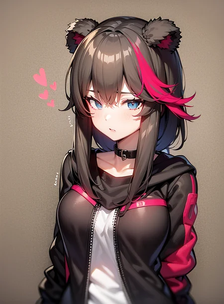 1girl,animal ears, bear ears, brown hair, streaked hair, choker, blue eyes, animal ear fluff,