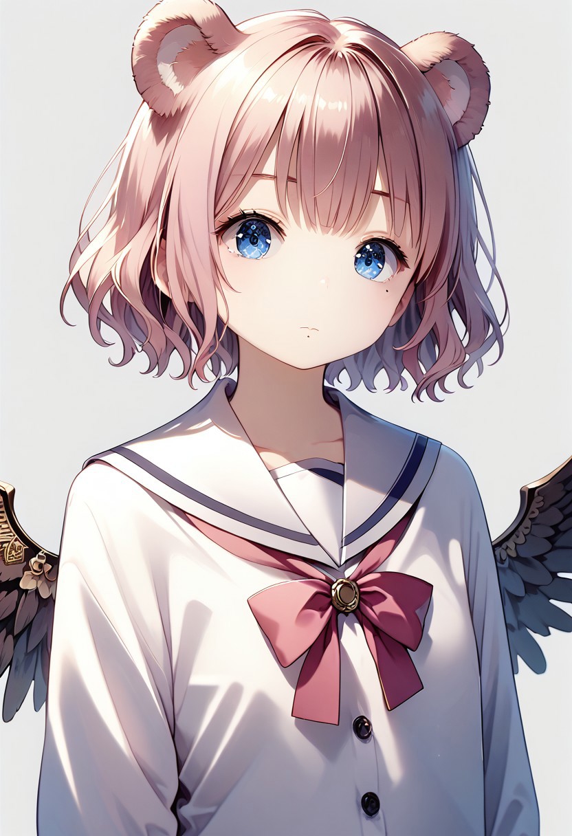 score_9, score_8_up, score_7_up, 1girl, (masterpiece), (best quality), (ultra detailed),(disheveled hair),(illustration), skistyle, solo, pink hair, animal ears, blue eyes, wings, looking at viewer, mole, bangs, short hair, bow, sailor collar, simple background, white sailor collar, mole under mouth, hair bow, pink bow, closed mouth, shirt, white shirt, bear ears, bob cut, mini wings, grey background, portrait, detached wings, makeup, upper body, white background