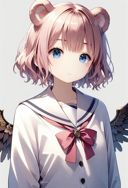 score_9, score_8_up, score_7_up, 1girl, (masterpiece), (best quality), (ultra detailed),(disheveled hair),(illustration), skistyle, solo, pink hair, animal ears, blue eyes, wings, looking at viewer, mole, bangs, short hair, bow, sailor collar, simple background, white sailor collar, mole under mouth, hair bow, pink bow, closed mouth, shirt, white shirt, bear ears, bob cut, mini wings, grey background, portrait, detached wings, makeup, upper body, white background