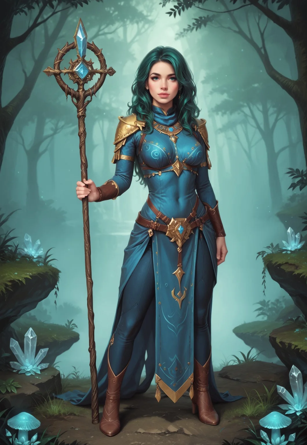 safe_pos, core_9, score_8_up, score_8, semi realistic, ultra detailed, 8k, high quality, hi res, high quality, detailed eyes, perfecteyes, detailed face, 1girl, sharp focus, (1girl:1.2), mystical druid, nature-inspired attire, (((staff with crystal))), fair skin, (long legs), long wavy green hair, realistic, cinematic angle, cinematic lighting, slender body, serene face, emerald eyes, meditative pose
BREAK
communicating with nature spirits in an enchanted forest glade
BREAK
source_fantasy_art, rating_explicit, expressive, full body, dynamic pose
BREAK
detailed beautiful background, lush greenery, ancient trees, glowing mushrooms, magical creatures, soft moonlight, mystical atmosphere
(((full clothed)))