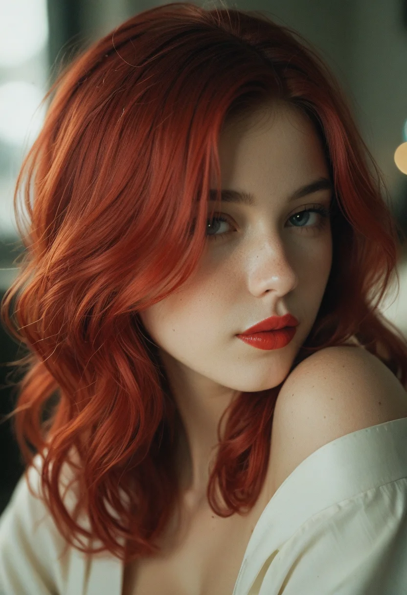 close up shot, 19yo woman, lipstick, hair waist-length red hair, bangs covering the left side of her face with a wavy mid-back length red hair strand resting on her left shoulder and her eyes are brown, kimono. shallow depth of field, vignette, highly detailed, high budget, bokeh, cinemascope, moody, epic, gorgeous, film grain, grainy，　