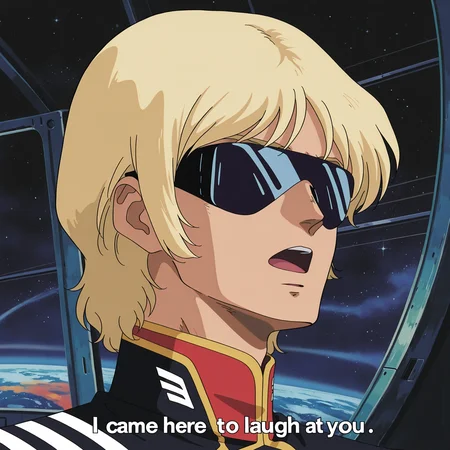 in a space station,
<lora:I_Came_Here_To_Laugh_At_You:1>,
I Came Here To Laugh At You (pose), char aznable, sunglasses, 1boy, male focus, solo, blonde hair, retro artstyle, fake screenshot, 1980s (style), parody, open mouth
