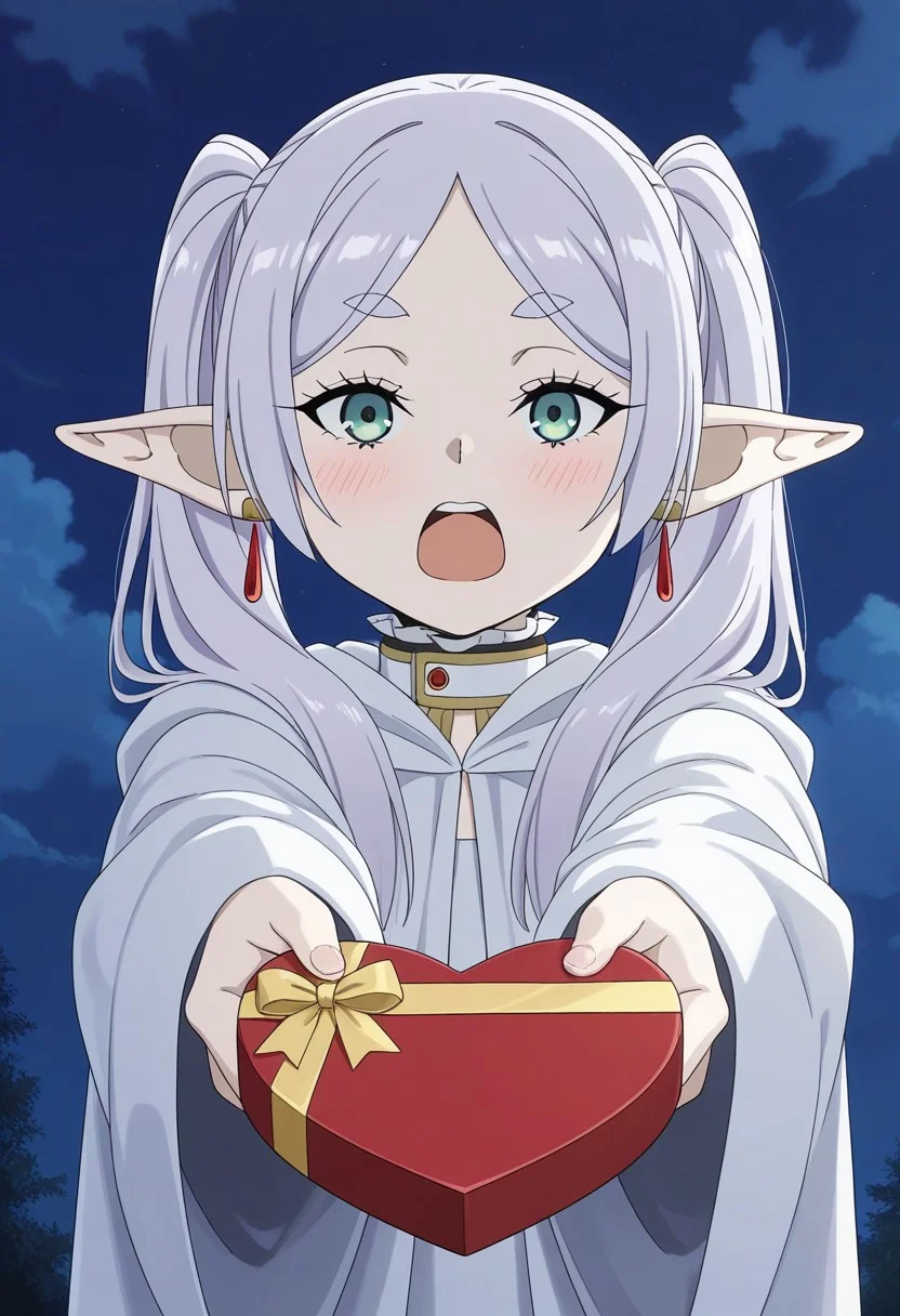 recent, highres, masterpiece, masterpiece,best quality,amazing quality, 1girl, anime screencap, heart-shaped box, holding, box, gift, valentine, incoming gift, closed eyes, blush, open mouth, outstretched arms, outdoors, night sky, clouds, shouting, Frieren, Frieren, Long silver hair, Pointed ears, Deep blue eyes, Elven appearance, Flowing robes, Wears a hat, Pale skin, Elegant attire, zzFrieren, long hair, twintails, green eyes, grey hair, pointy ears, elf,