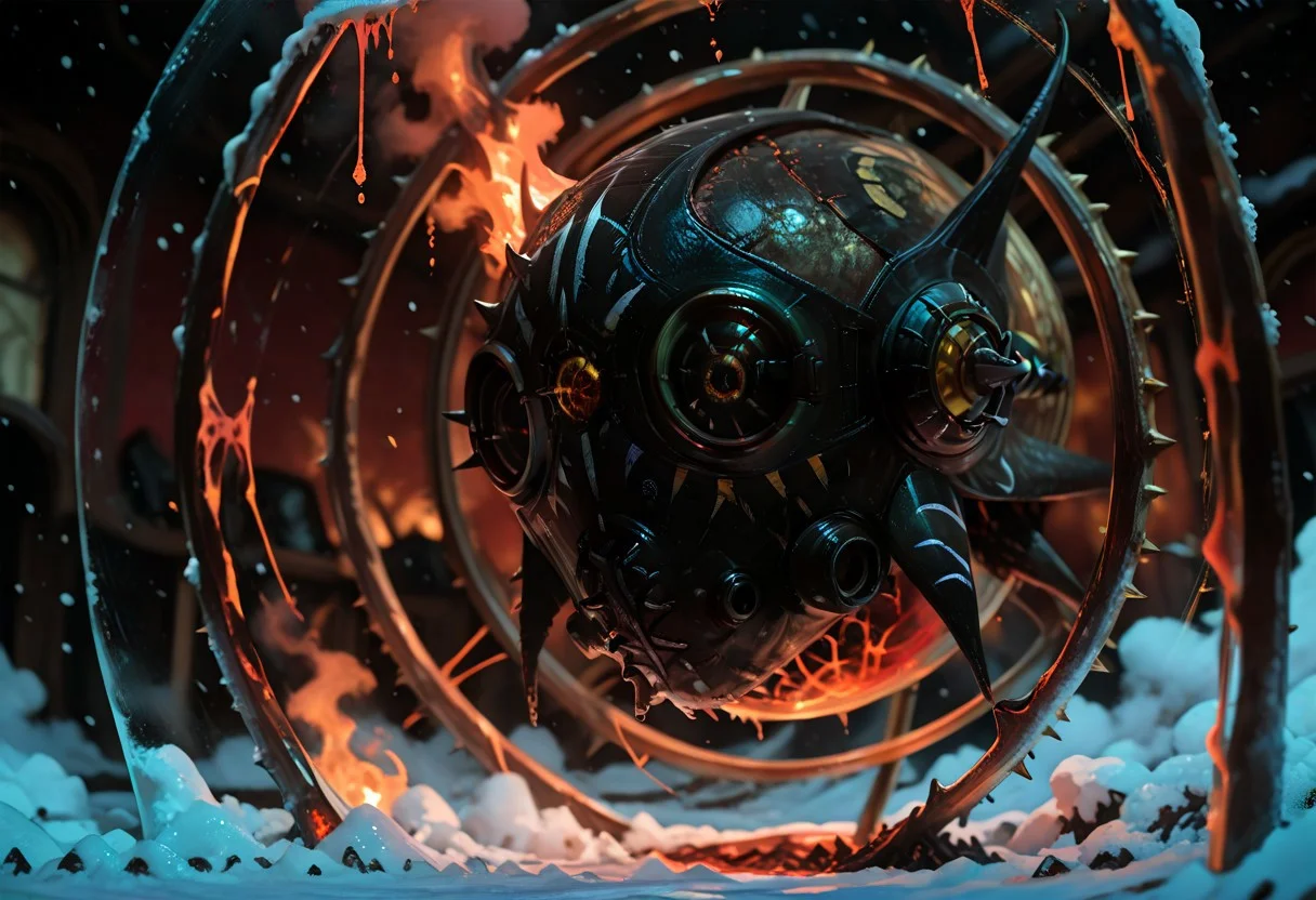 masterwork, masterpiece, best quality, detailed, depth of field, high detail, deep colour, high contrast, very aesthetic, sharp edges, precise, clear focus, highly detailed epic cinematic concept art, (octane render:1.6), (3d shading:1.6), dynamic lighting, very inspirational, (Dreamlike surrealist painting:1.8),
(the world is burning (inside a glass sphere:1.9) :1.5), watched by a demon, surreal female demon, red eyes, swirling cloak turning into threatening clouds,
snow, glowing footprints, burning tears scorch the land, eldritch, horror, gdv2-illu,