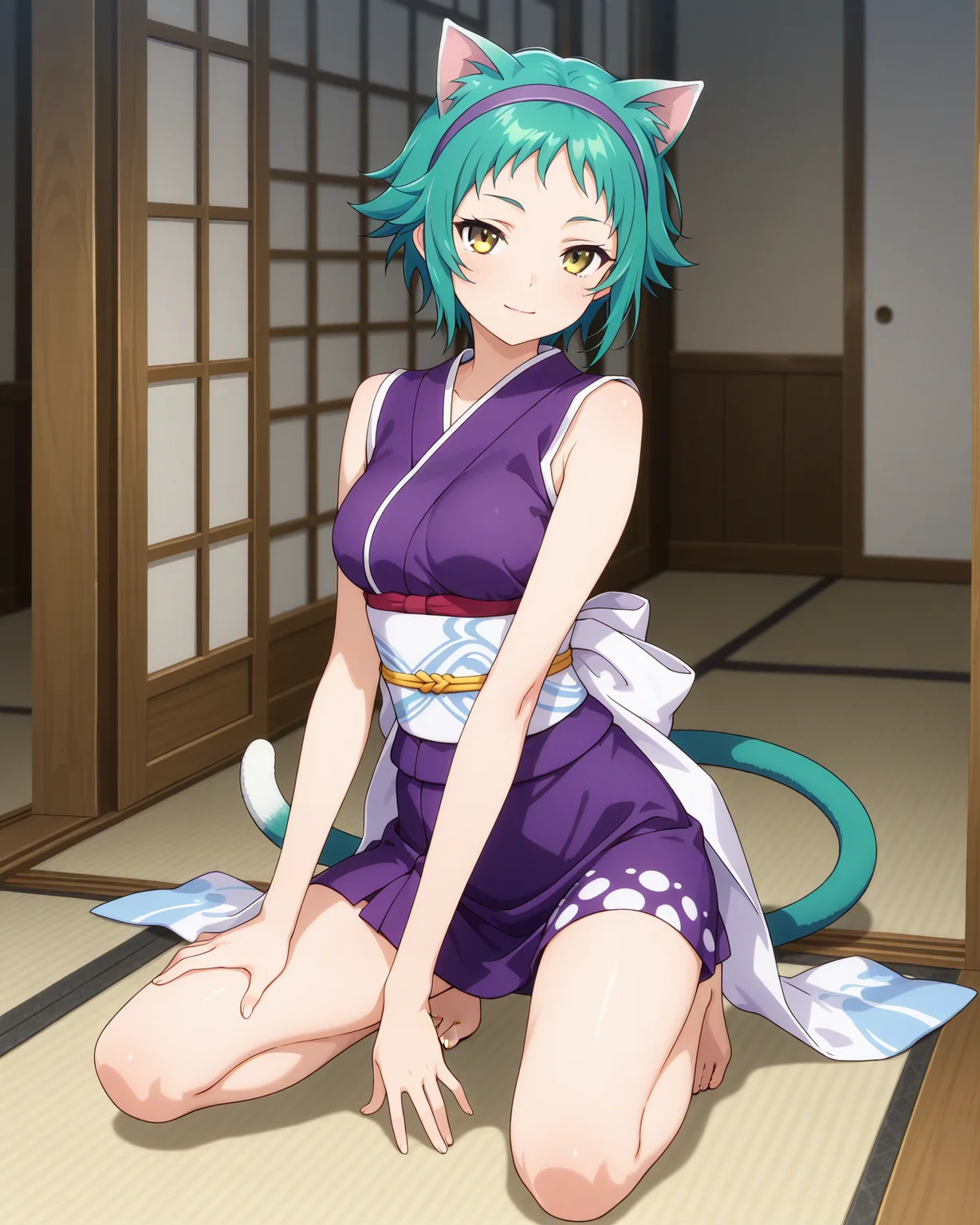 (purple sleeveless kimono obi sash hairband:1.50),
ys-yaya, green hair, short hair, yellow eyes,
1girl, (solo:1.60), skinny,
(masterpiece, best quality, amazing quality, absurdres, high quality, highres, masterpiece),
light smile,
full body
,
(:1.20),
BREAK,
,
,
(),
medium breasts,
cat ears, cat tail
<lora:ys-yaya-V01-illXL:0.70>