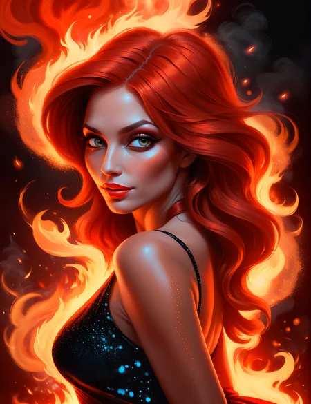 photo, portrait, beautiful, beautiful fire genie, portrait, illustration, up close, glitter red|black dress, back lighting, high quality high quality <lora:CuteCombine1:1>VCuteStyle,