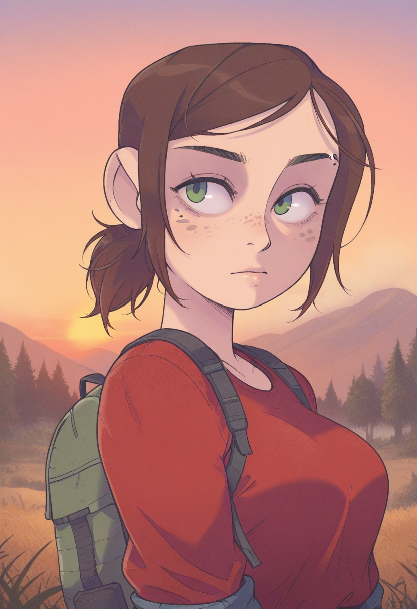 c4yf311style, masterpiece, best quality, solo,                                                                                                   ellie\(the last of us\), green eyes, ponytail, freckles,  eyebrow raised, wooded area, trees, backpack,,  red shirt, sunset, warm colors,