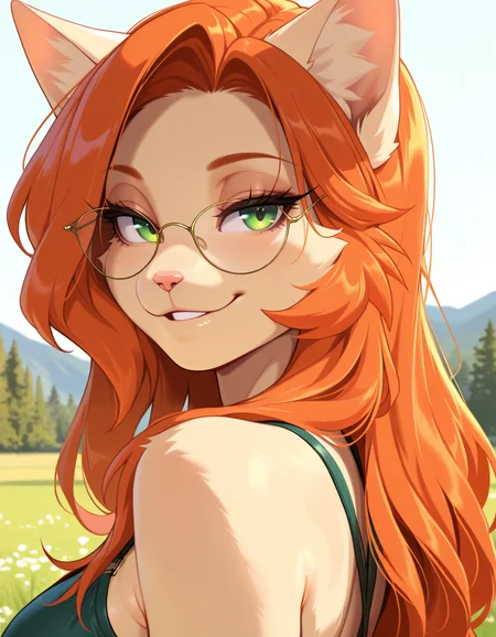 masterpiece, best quality, very aesthetic, absurdres,
outdoors,
upper body, posing,
seductive smile, parted lips, long eyelashes,
<lora:Katrina_v01_NAIXL-000004:1>
K4tr1n4,1girl,solo,furry,furry female,cat girl,cat ears,orange hair,long hair,green eyes,glasses,snout,animal nose,body fur,
