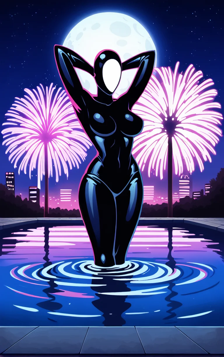 score_9, score_8_up, score_7_up, BREAK
Inque_Morphed_ownwaifu,
1other, alien, masked, slime girl, white mask, no humans, medium breasts, claws, black bodysuit, large breasts, shiny, superhero, skin tight, silhouette,
(contrapposto, arms behind head, aerial fireworks), wading, neon_lights, cityscape, night, pool, full moon, outdoors, <lora:PONYXL_DC_BatManBeyond_Inque_ownwaifu:0.9> , depth of field, solo,