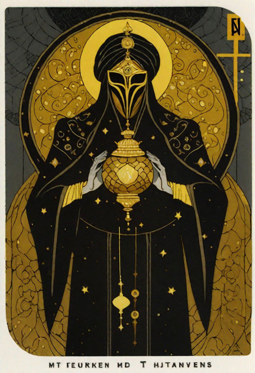dark grey background, art déco, occultist, antiquarian, byzanthine man in black and yellow robes, ornate lantern, ((man wearing golden mask)), (man wearing turban), ((upwards shoulder pads)), demon and angel