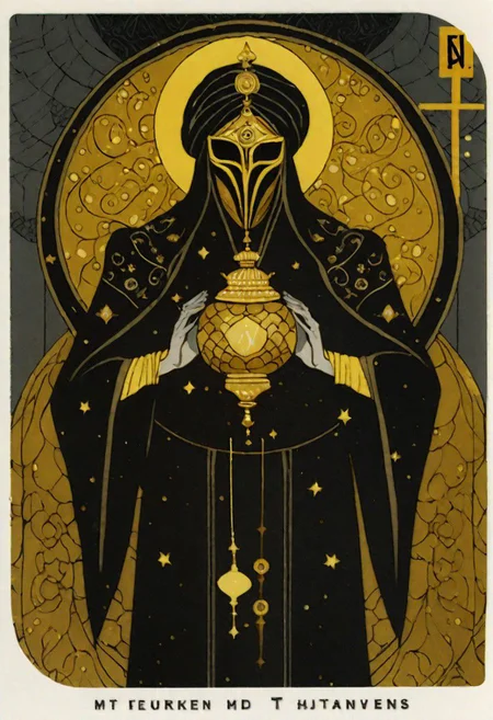 dark grey background, art déco, occultist, antiquarian, byzanthine man in black and yellow robes, ornate lantern, ((man wearing golden mask)), (man wearing turban), ((upwards shoulder pads)), demon and angel