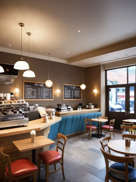 <lora:JJsCoffee_Shop_XL:.7>, ((Coffee Shop)), indoors, masterpiece , best quality, soft lighting, high quality, enough detail, high resolution, super realistic, Photorealistic, highly detailed, , table, chair, cup, counter, sofa, ceiling light, door, window, city, street, ((waiter)), ((motion blur)),