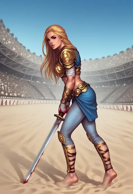 1girl, (((side view))), illustration, highly detailed, skinny, model body, looking at viewer, 1girl, masterpiece, best quality, femgladiator, scar, bloody, dynamic pose, <lora:Gladiator_F_For_Honor:0.9>
BREAK
(((((Thracian gladiator armor, holding wide long sword in hands))))), ((((dynamic pose))))
long hair, blonde hair, big hair, blue eyes,
(((a short soft tunic, arms and legs bandaged with tight bandages, leggings worn)))
best quality, depth of field, bokeh, (((full clothed))),
BREAK
((((outdoor, gladiator arena, sand, colosseum, bloody, gore:1.2)))) score_9, score_8_up, score_7_up, score_6_up, source_cartoon, rating_explicit, Expressiveh, ((((full body))))), dynamic pose,