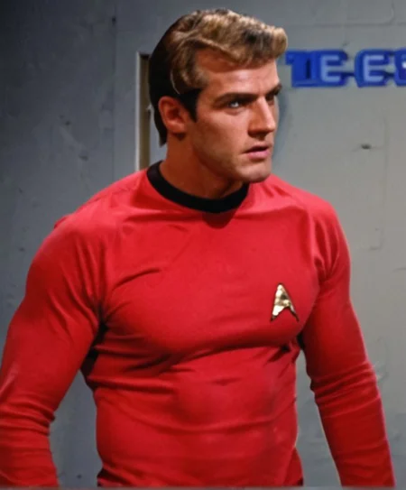 Handsome, masculine, blonde, star trek, red shirt, muscle, tall, tight shirt,