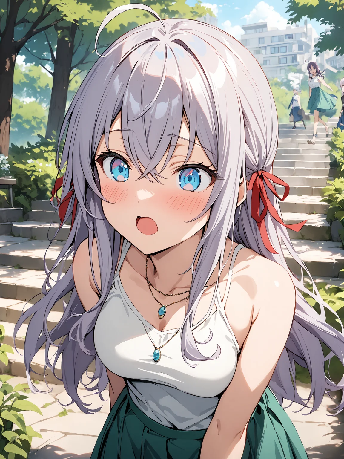 alya_imoto, blue eyes, white hair, long hair, hair ribbon, red ribbon, ahoge,
sleeveless shirt, green skirt, outdoors, grey hair, necklace, white shirt, solo focus, stairs, hair between eyes, bare shoulders, tree, blue skirt, open mouth, medium breasts, day, blush, crossed bangs,
best quality, masterpiece,
<lora:hinaAlyaMashaYuki_sdxl_wifu_v1:0.6>