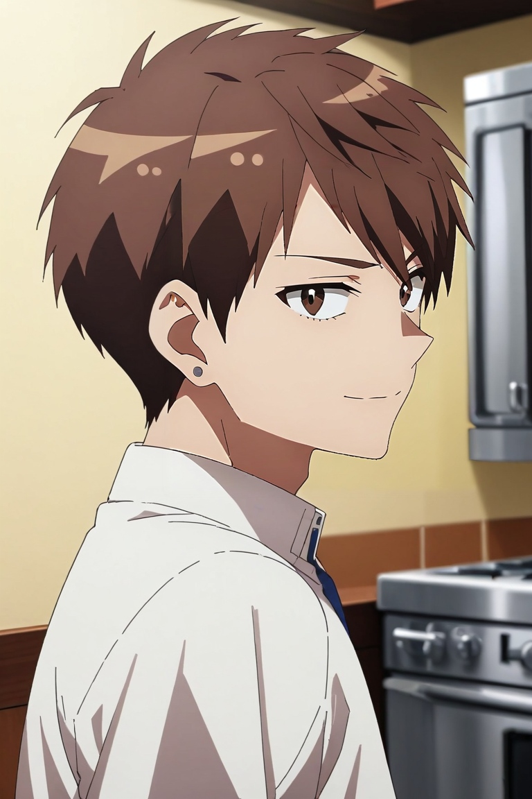 score_9, score_8_up, score_7_up, source_anime, rating_safe, intricate details, anime screencap, , , looking at viewer, depth of field, 1boy, solo, male focus, <lora:ryuuya_romantic_killer_pony:0.76>, ryuuya_romantic_killer, brown hair, brown eyes, short hair, from side, kitchen, midnight, victory pose, smile, ,, <lora:sdxl_lightning_8step_lora:1>