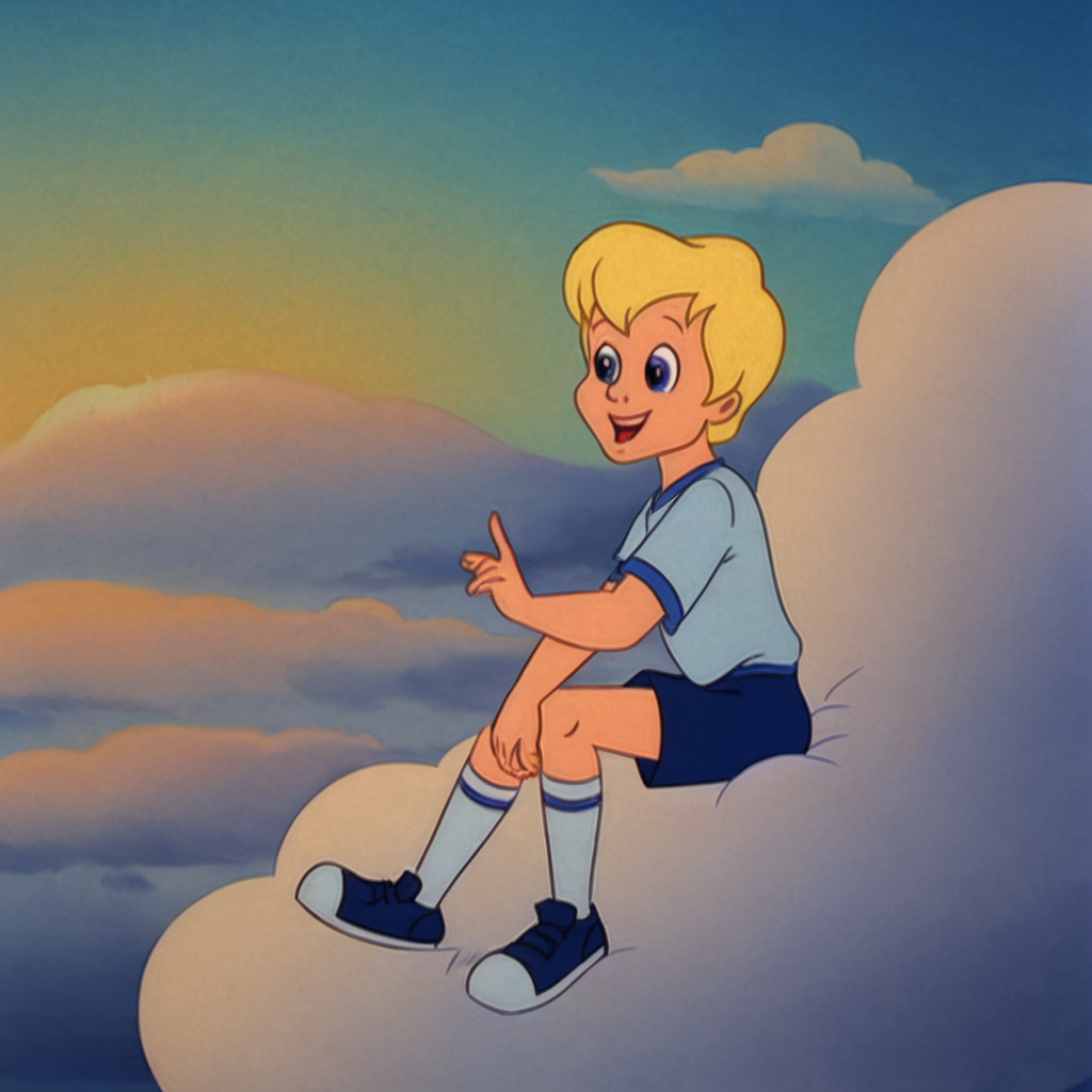 johnCB, 1boy, human, male child, blue eyes, blonde hair, blue shirt, blue shorts, blue footwear, blue and grey socks, (sitting on cloud), happy, (evening sky), accurate, <lora:John_Care_Bears_Movie_II:1>