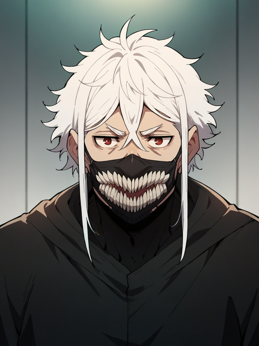 score_9, score_8_up, score_7_up, score_6_up, score_5_up,   <lora:dandadanXLP:1> dan, 1boy, long hair, white hair, monster, solo, mouth mask,