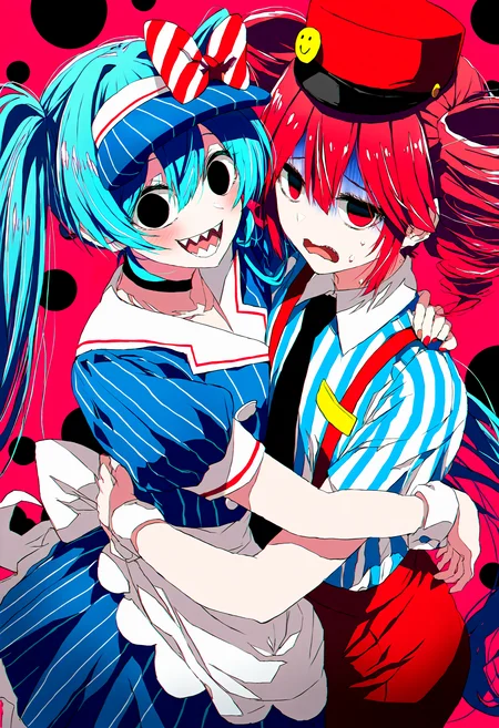 very awa, very aesthetic, (masterpiece, best quality, amazing quality), 2girls, mesmerizer \(vocaloid\), hug, 4b-enpitsu,
{hatsune miku, black eyes, solid circle pupils, black choker, looking at viewer, vertical-striped clothes, short sleeves, striped bow, waist apron, sharp teeth, striped shirt, blue dress, visor cap, puffy short sleeves, wrist cuffs},
{kasane teto, black necktie, vertical-striped clothes, red eyes, kepi, red hat, stripped shirt, short sleeves, black necktie, red pants, collared shirt, uncomfortable, sweat, smile, turn pale}, <lora:4b-enpitsu_Style_XL:0.25>