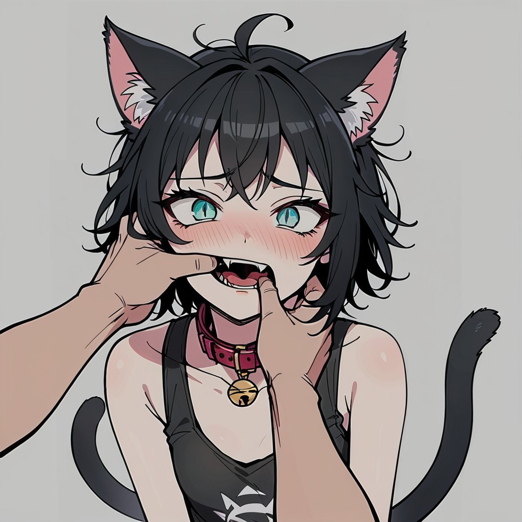 score_9, score_8_up, score_7_up, (2d), source_anime, very aesthetic, anime screencap, anime color,
BREAK,  
1girl, (skinny:1.2), pale skin, catgirl, cat ears, cat tail, aqua eyes, slit eyes,  black hair, short hair, messy hair,
blush, embarrassed, pet collar, tank top,
 fiday, 1girl, solo focus, pov hands, finger in another's mouth, parted lips, biting, fangs, open mouth